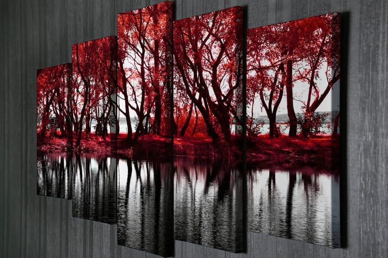 Stort lærredstryk i 5 dele 105x70 cm - Rødskiftende træer ved en spejlblank sø - Rød / Sort - Boligtilbehør - Billeder & kunst - Billeder på lærred