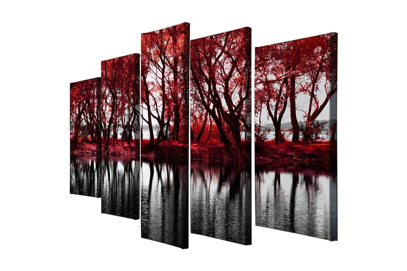 Stort lærredstryk i 5 dele 105x70 cm - Rødskiftende træer ved en spejlblank sø - Rød / Sort - Boligtilbehør - Billeder & kunst - Billeder på lærred