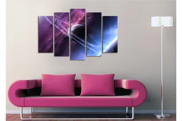 Stort lærredstryk i 5 dele 105x70 cm - Rumlandskab med en planet og ringe på en stjernehimmel - Lilla / Blå / Sort - Boligtilbehør - Billeder & kunst - Billeder på lærred