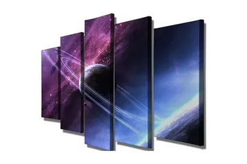 Stort lærredstryk i 5 dele 105x70 cm - Rumlandskab med en planet og ringe på en stjernehimmel - Lilla / Blå / Sort - Boligtilbehør - Billeder & kunst - Billeder på lærred
