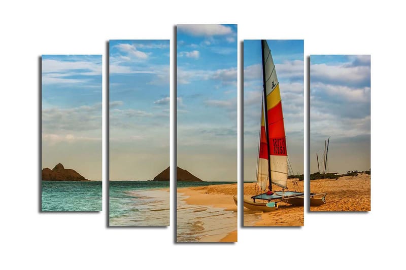 Stort lærredstryk i 5 dele 105x70 cm - Sejlbåd på en strand med klart vand og klitter - Blå / Orange / Gul - Boligtilbehør - Billeder & kunst - Billeder på lærred
