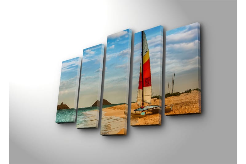 Stort lærredstryk i 5 dele 105x70 cm - Sejlbåd på en strand med klart vand og klitter - Blå / Orange / Gul - Boligtilbehør - Billeder & kunst - Billeder på lærred