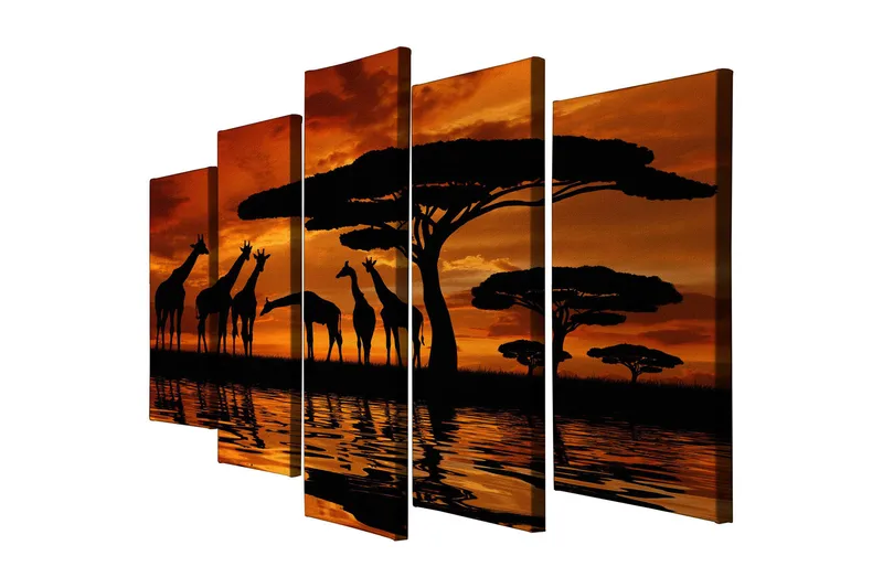 Stort lærredstryk i 5 dele 105x70 cm - Silhuetter af giraffer ved en solnedgang over savannen - Orange / Sort - Boligtilbehør - Billeder & kunst - Billeder på lærred
