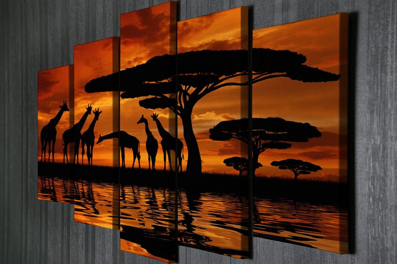 Stort lærredstryk i 5 dele 105x70 cm - Silhuetter af giraffer ved en solnedgang over savannen - Orange / Sort - Boligtilbehør - Billeder & kunst - Billeder på lærred