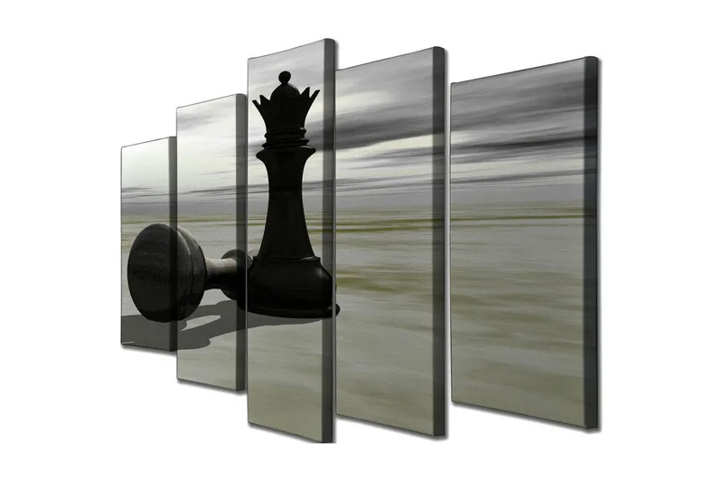 Stort lærredstryk i 5 dele 105x70 cm - Skakbrik i silhuet med dramatisk baggrund - Sort / Grå / Beige - Boligtilbehør - Billeder & kunst - Billeder på lærred