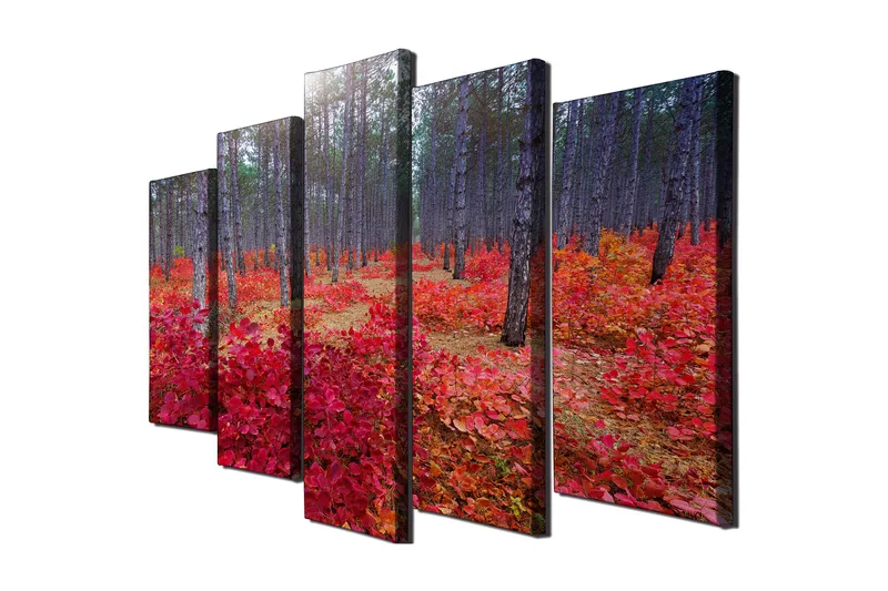 Stort lærredstryk i 5 dele 105x70 cm - Smuk skov med efterårsfarver og røde blade - Rød / Grøn / Brun - Boligtilbehør - Billeder & kunst - Billeder på lærred