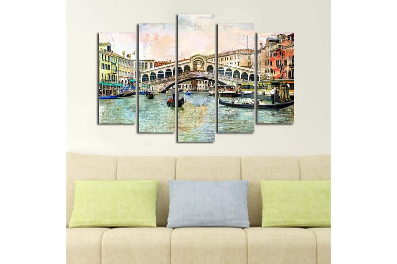 Stort lærredstryk i 5 dele 105x70 cm - Smuk udsigt over Rialtobroen i Venedig med gondoler i kanalen - Blå / Grøn / Beige - Boligtilbehør - Billeder & kunst - Billeder på lærred