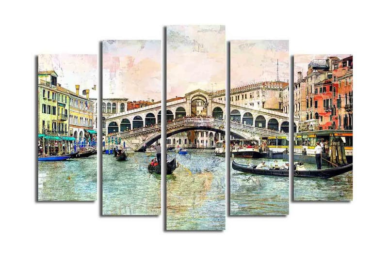 Stort lærredstryk i 5 dele 105x70 cm - Smuk udsigt over Rialtobroen i Venedig med gondoler i kanalen - Blå / Grøn / Beige - Boligtilbehør - Billeder & kunst - Billeder på lærred