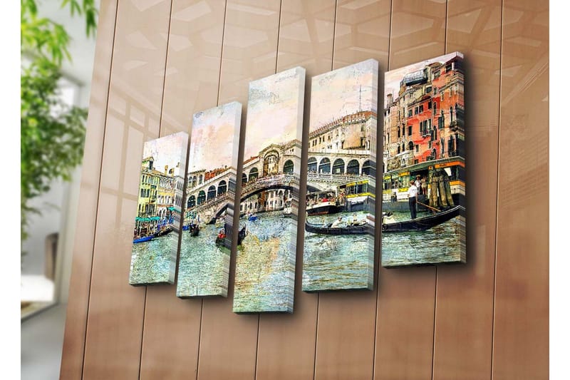 Stort lærredstryk i 5 dele 105x70 cm - Smuk udsigt over Rialtobroen i Venedig med gondoler i kanalen - Blå / Grøn / Beige - Boligtilbehør - Billeder & kunst - Billeder på lærred