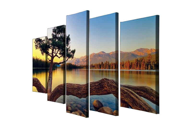 Stort lærredstryk i 5 dele 105x70 cm - Smukt sølandskab med en ensom trækrone ved vandet - Grøn / Blå / Brun - Boligtilbehør - Billeder & kunst - Billeder på lærred