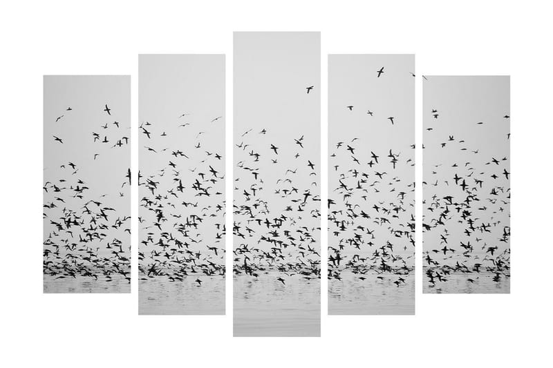 Stort lærredstryk i 5 dele 105x70 cm - Sort flok fugle i flugt over vandoverfladen - Sort / Hvid - Boligtilbehør - Billeder & kunst - Billeder på lærred