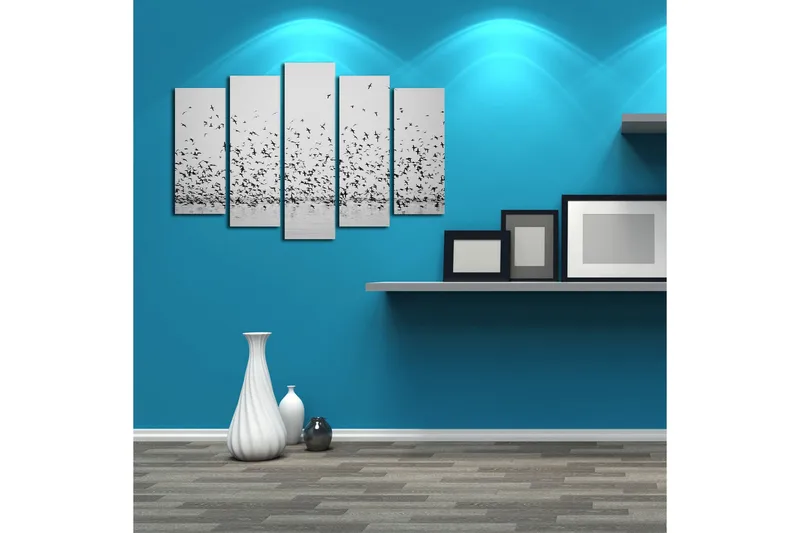 Stort lærredstryk i 5 dele 105x70 cm - Sort flok fugle i flugt over vandoverfladen - Sort / Hvid - Boligtilbehør - Billeder & kunst - Billeder på lærred