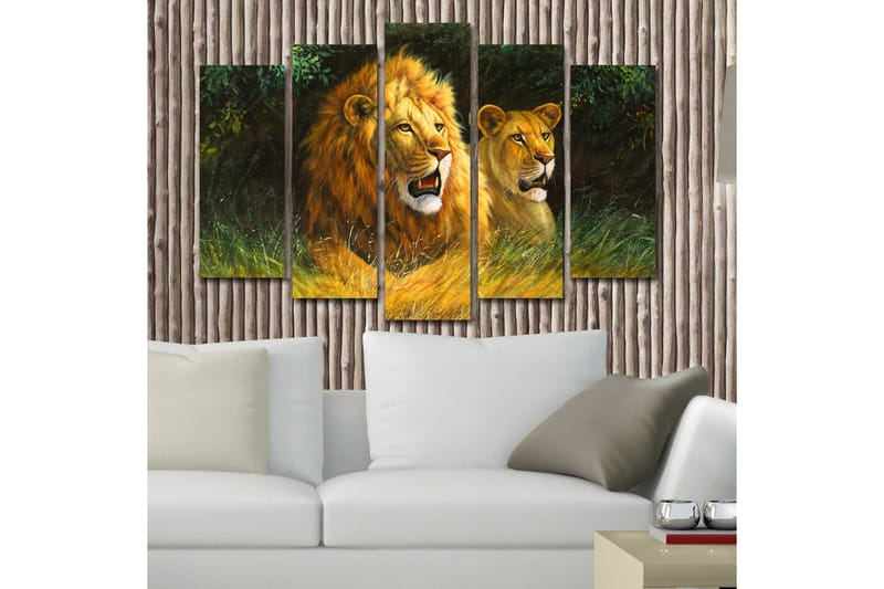 Stort lærredstryk i 5 dele 105x70 cm - Stolt løvinde og løve i naturligt miljø - Guld / Grøn / Brun - Boligtilbehør - Billeder & kunst - Billeder på lærred