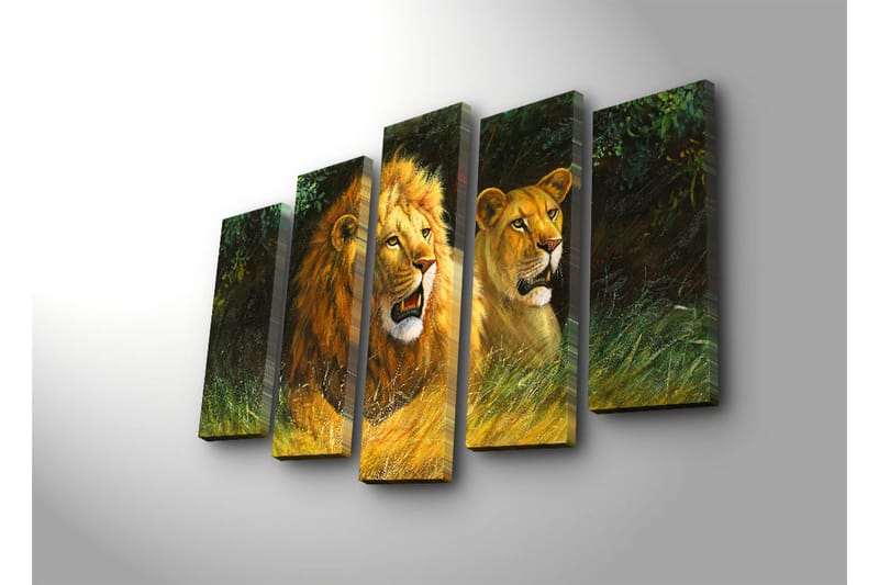Stort lærredstryk i 5 dele 105x70 cm - Stolt løvinde og løve i naturligt miljø - Guld / Grøn / Brun - Boligtilbehør - Billeder & kunst - Billeder på lærred