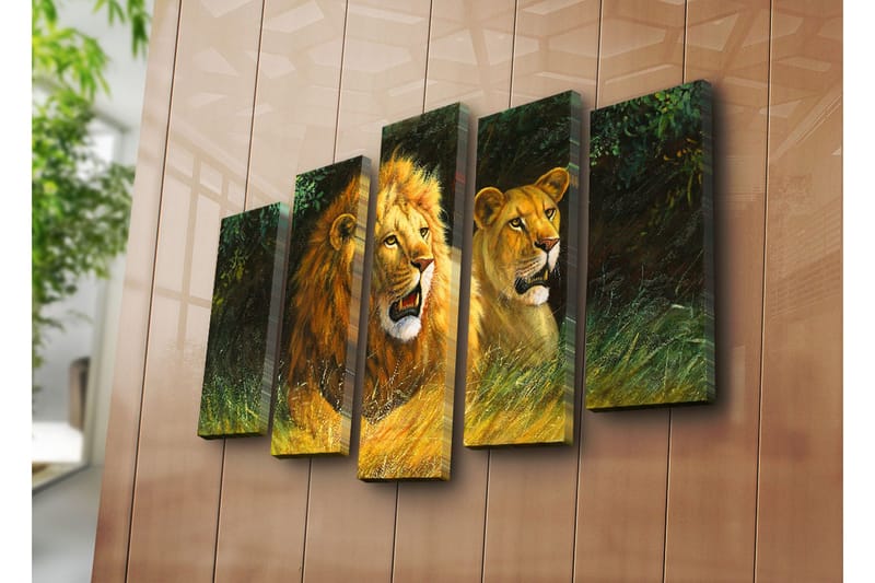 Stort lærredstryk i 5 dele 105x70 cm - Stolt løvinde og løve i naturligt miljø - Guld / Grøn / Brun - Boligtilbehør - Billeder & kunst - Billeder på lærred