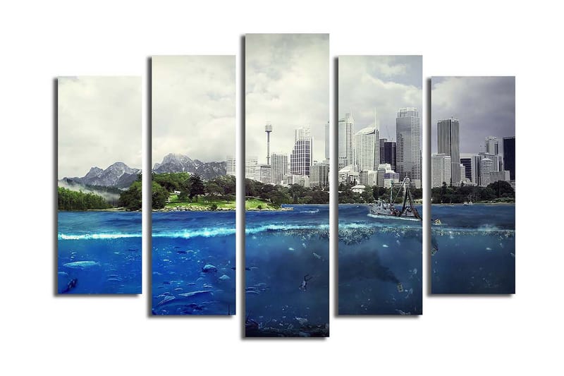 Stort lærredstryk i 5 dele 105x70 cm - Storslået byskyline med hav og bjerge i forgrunden - Blå / Grøn / Grå - Boligtilbehør - Billeder & kunst - Billeder på lærred