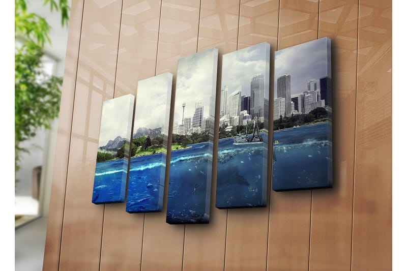 Stort lærredstryk i 5 dele 105x70 cm - Storslået byskyline med hav og bjerge i forgrunden - Blå / Grøn / Grå - Boligtilbehør - Billeder & kunst - Billeder på lærred