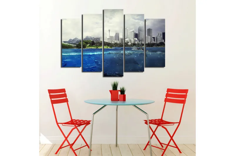 Stort lærredstryk i 5 dele 105x70 cm - Storslået byskyline med hav og bjerge i forgrunden - Blå / Grøn / Grå - Boligtilbehør - Billeder & kunst - Billeder på lærred