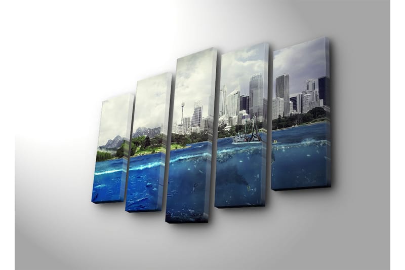 Stort lærredstryk i 5 dele 105x70 cm - Storslået byskyline med hav og bjerge i forgrunden - Blå / Grøn / Grå - Boligtilbehør - Billeder & kunst - Billeder på lærred