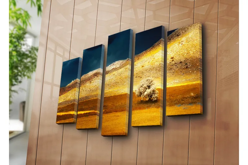 Stort lærredstryk i 5 dele 105x70 cm - Storslået landskab med gyldne marker og en ensom træsilhuet - Guld / Brun / Mørkeblå - Boligtilbehør - Billeder & kunst - Billeder på lærred