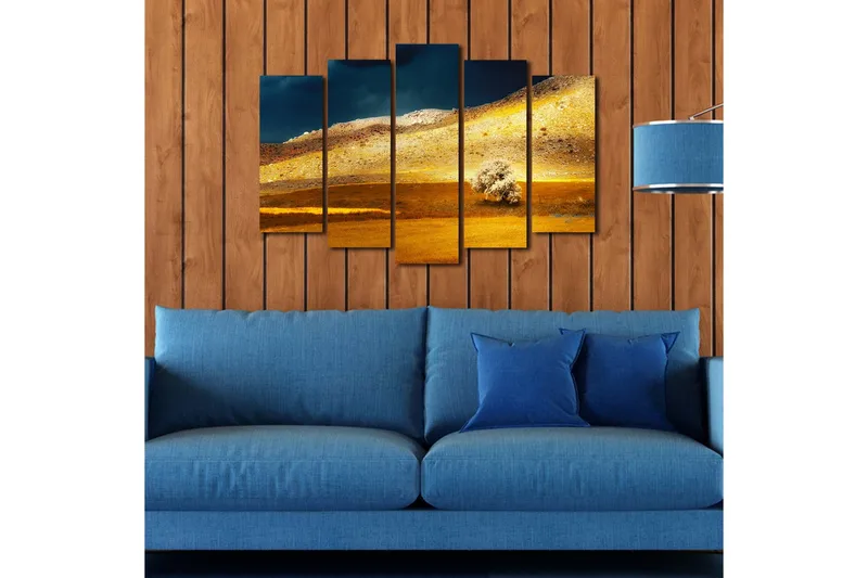 Stort lærredstryk i 5 dele 105x70 cm - Storslået landskab med gyldne marker og en ensom træsilhuet - Guld / Brun / Mørkeblå - Boligtilbehør - Billeder & kunst - Billeder på lærred
