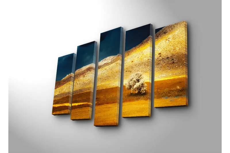 Stort lærredstryk i 5 dele 105x70 cm - Storslået landskab med gyldne marker og en ensom træsilhuet - Guld / Brun / Mørkeblå - Boligtilbehør - Billeder & kunst - Billeder på lærred