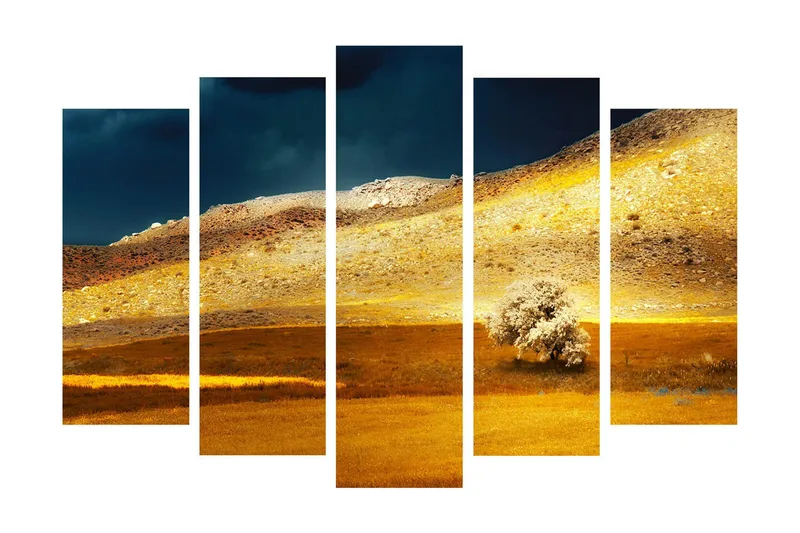 Stort lærredstryk i 5 dele 105x70 cm - Storslået landskab med gyldne marker og en ensom træsilhuet - Guld / Brun / Mørkeblå - Boligtilbehør - Billeder & kunst - Billeder på lærred