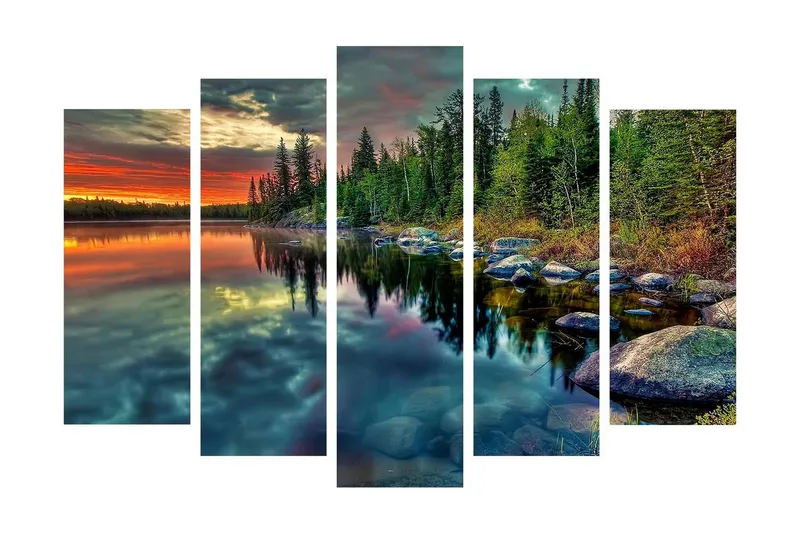 Stort lærredstryk i 5 dele 105x70 cm - Storslået sølandskab med spejlblanke vandflader og omgivende skov - Grøn / Orange / Blå - Boligtilbehør - Billeder & kunst - Billeder på lærred