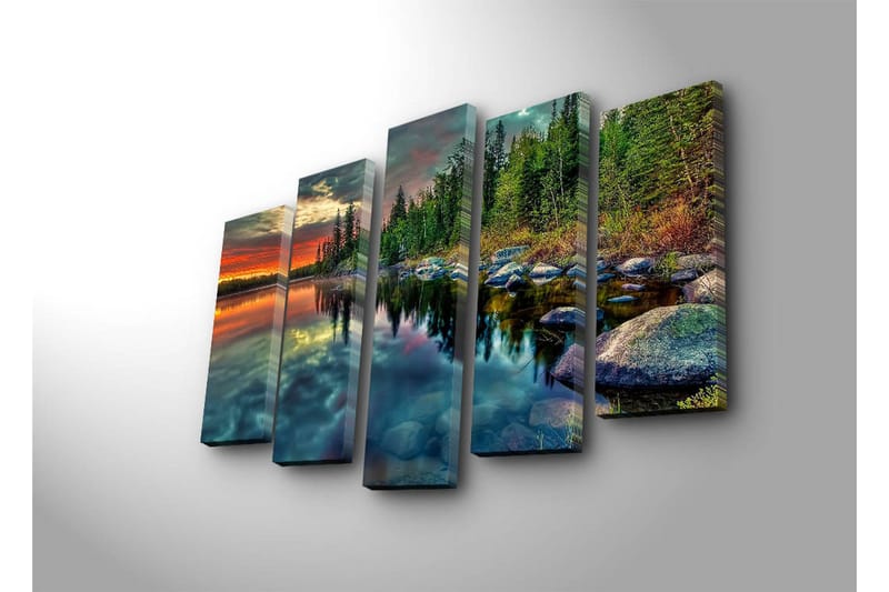 Stort lærredstryk i 5 dele 105x70 cm - Storslået sølandskab med spejlblanke vandflader og omgivende skov - Grøn / Orange / Blå - Boligtilbehør - Billeder & kunst - Billeder på lærred