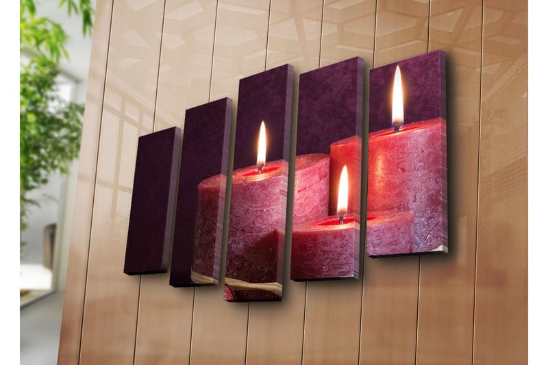 Stort lærredstryk i 5 dele 105x70 cm - Tænd lys i forskellige størrelser - Mørkerød / Lys pink / Guld - Boligtilbehør - Billeder & kunst - Billeder på lærred