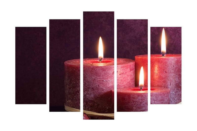 Stort lærredstryk i 5 dele 105x70 cm - Tænd lys i forskellige størrelser - Mørkerød / Lys pink / Guld - Boligtilbehør - Billeder & kunst - Billeder på lærred