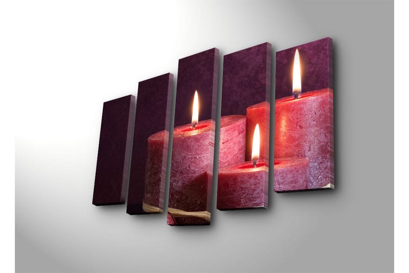 Stort lærredstryk i 5 dele 105x70 cm - Tænd lys i forskellige størrelser - Mørkerød / Lys pink / Guld - Boligtilbehør - Billeder & kunst - Billeder på lærred