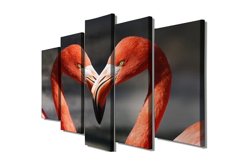 Stort lærredstryk i 5 dele 105x70 cm - To flamingoer danner et hjerte med deres næb - Rød / Sort - Boligtilbehør - Billeder & kunst - Billeder på lærred