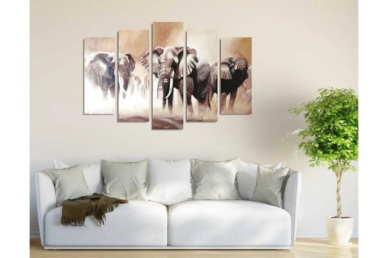 Stort lærredstryk i 5 dele 105x70 cm - Tre majestætiske elefanter i et tåget savannemiljø - Grå / Beige / Brun - Boligtilbehør - Billeder & kunst - Billeder på lærred