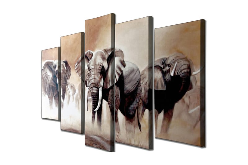 Stort lærredstryk i 5 dele 105x70 cm - Tre majestætiske elefanter i et tåget savannemiljø, Grå / Beige / Brun