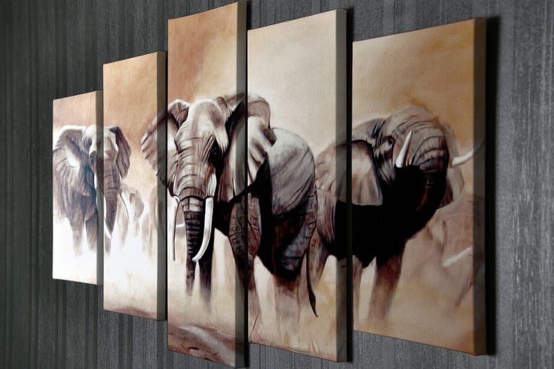 Stort lærredstryk i 5 dele 105x70 cm - Tre majestætiske elefanter i et tåget savannemiljø - Grå / Beige / Brun - Boligtilbehør - Billeder & kunst - Billeder på lærred