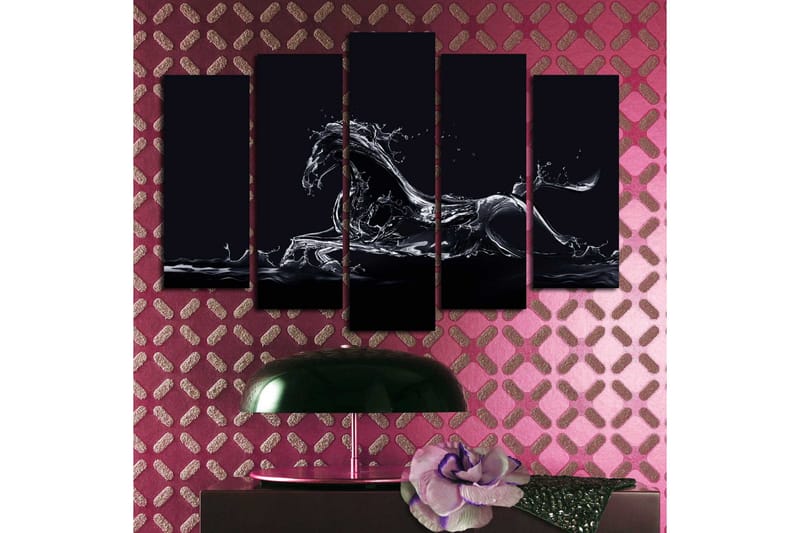 Stort lærredstryk i 5 dele 105x70 cm - Vandhest i dynamisk bevægelse - Sort / Gennemsigtig hvid - Boligtilbehør - Billeder & kunst - Billeder på lærred