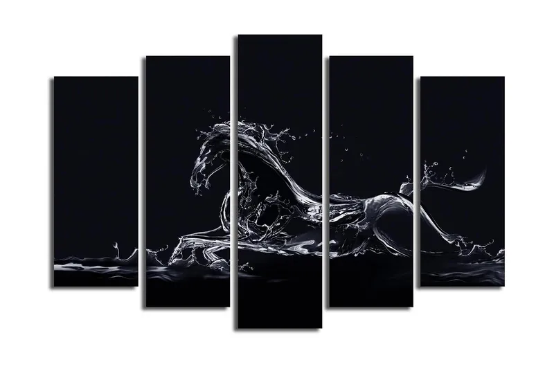 Stort lærredstryk i 5 dele 105x70 cm - Vandhest i dynamisk bevægelse - Sort / Gennemsigtig hvid - Boligtilbehør - Billeder & kunst - Billeder på lærred