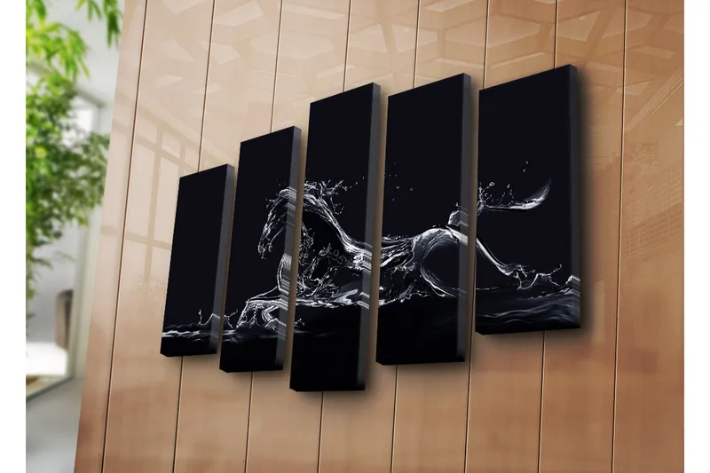 Stort lærredstryk i 5 dele 105x70 cm - Vandhest i dynamisk bevægelse - Sort / Gennemsigtig hvid - Boligtilbehør - Billeder & kunst - Billeder på lærred