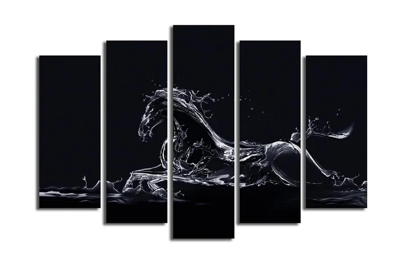 Stort lærredstryk i 5 dele 105x70 cm - Vandhest i dynamisk bevægelse - Sort / Gennemsigtig hvid - Boligtilbehør - Billeder & kunst - Billeder på lærred