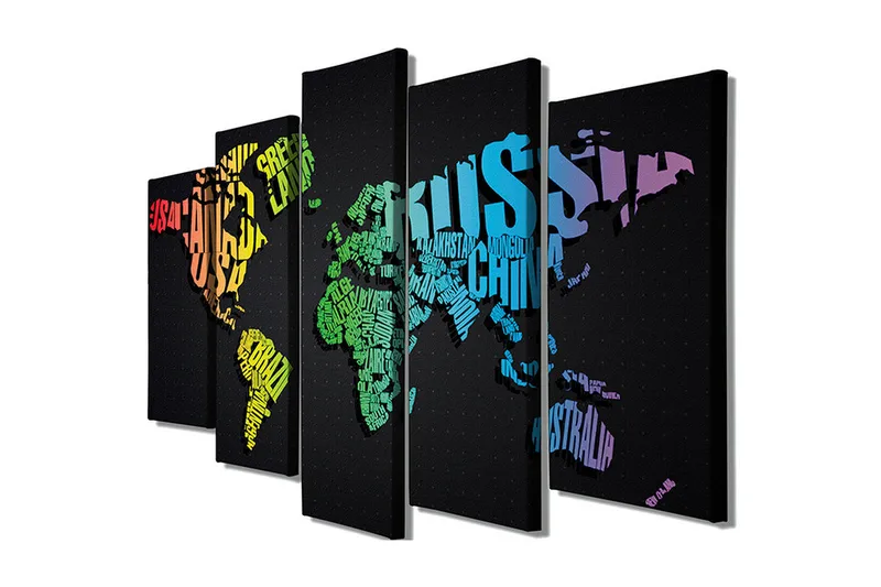 Stort lærredstryk i 5 dele 105x70 cm - Verdenskort lavet af ord og navne på lande - Grøn / Blå / Orange - Boligtilbehør - Billeder & kunst - Billeder på lærred