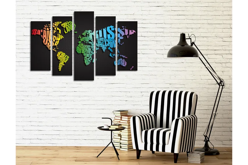 Stort lærredstryk i 5 dele 105x70 cm - Verdenskort lavet af ord og navne på lande - Grøn / Blå / Orange - Boligtilbehør - Billeder & kunst - Billeder på lærred