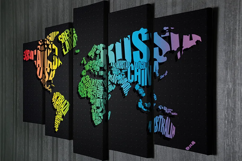 Stort lærredstryk i 5 dele 105x70 cm - Verdenskort lavet af ord og navne på lande - Grøn / Blå / Orange - Boligtilbehør - Billeder & kunst - Billeder på lærred