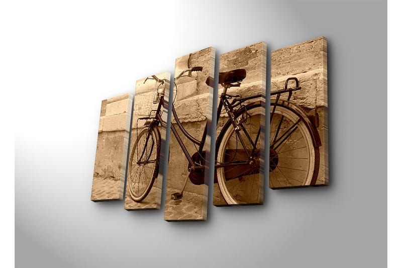 Stort lærredstryk i 5 dele 105x70 cm - Vintage cykel lænet op ad en væg - Sort / Beige / Brun - Boligtilbehør - Billeder & kunst - Billeder på lærred