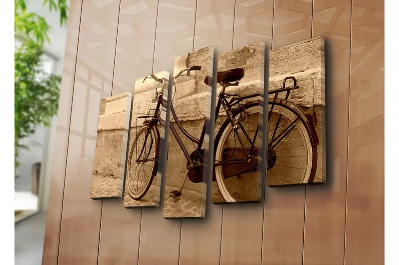 Stort lærredstryk i 5 dele 105x70 cm - Vintage cykel lænet op ad en væg - Sort / Beige / Brun - Boligtilbehør - Billeder & kunst - Billeder på lærred