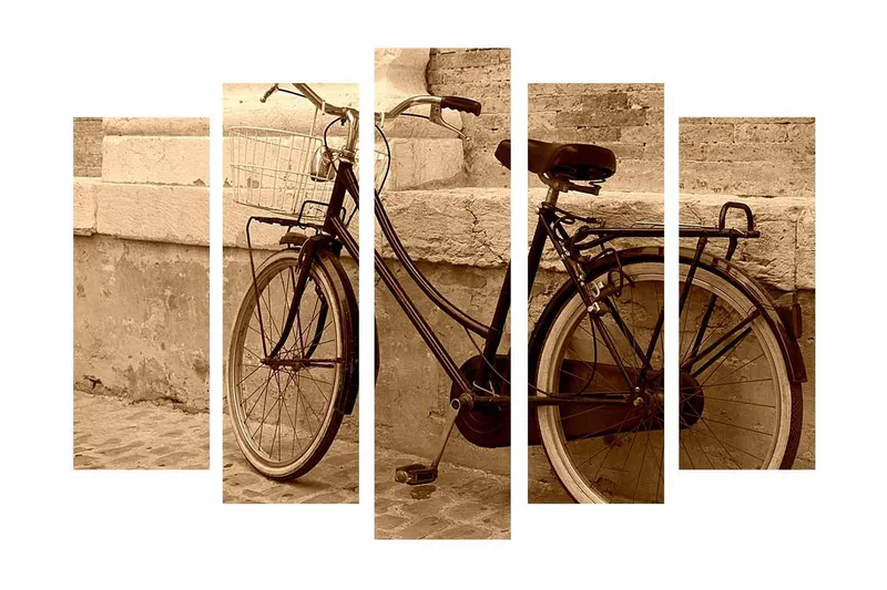 Stort lærredstryk i 5 dele 105x70 cm - Vintage cykel lænet op ad en væg - Sort / Beige / Brun - Boligtilbehør - Billeder & kunst - Billeder på lærred