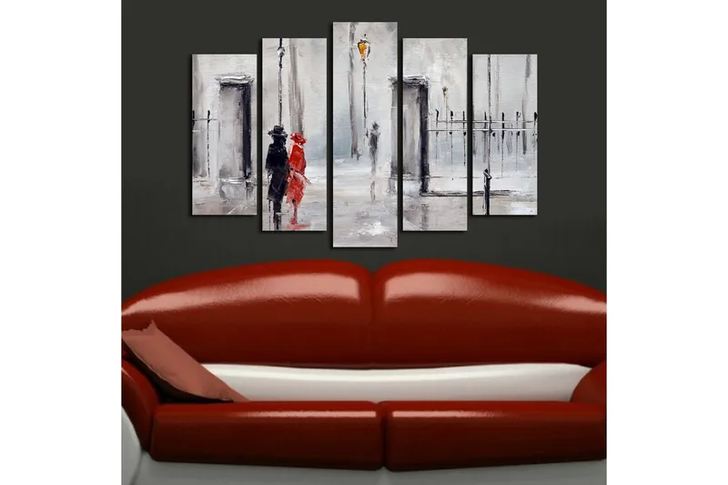 Stort lærredstryk i 5 dele 105x70 cm - Par i regnvejr med rød kjole og sort jakkesæt - Rød / Sort / Grå - Boligtilbehør - Billeder & kunst - Billeder på lærred