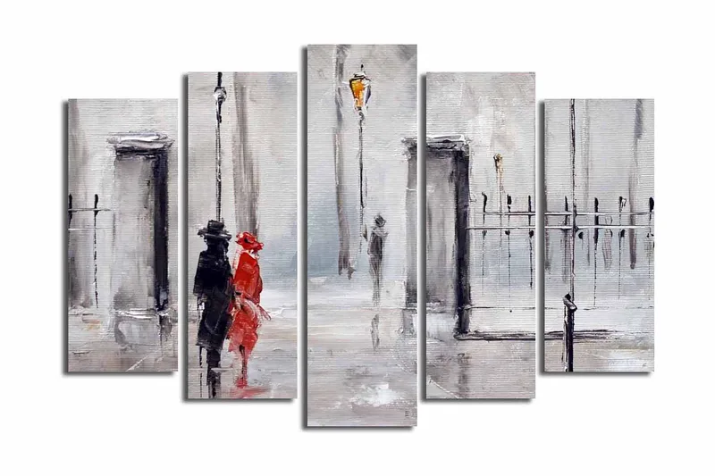 Stort lærredstryk i 5 dele 105x70 cm - Par i regnvejr med rød kjole og sort jakkesæt, Rød / Sort / Grå