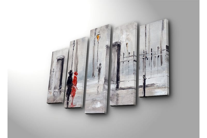 Stort lærredstryk i 5 dele 105x70 cm - Par i regnvejr med rød kjole og sort jakkesæt - Rød / Sort / Grå - Boligtilbehør - Billeder & kunst - Billeder på lærred