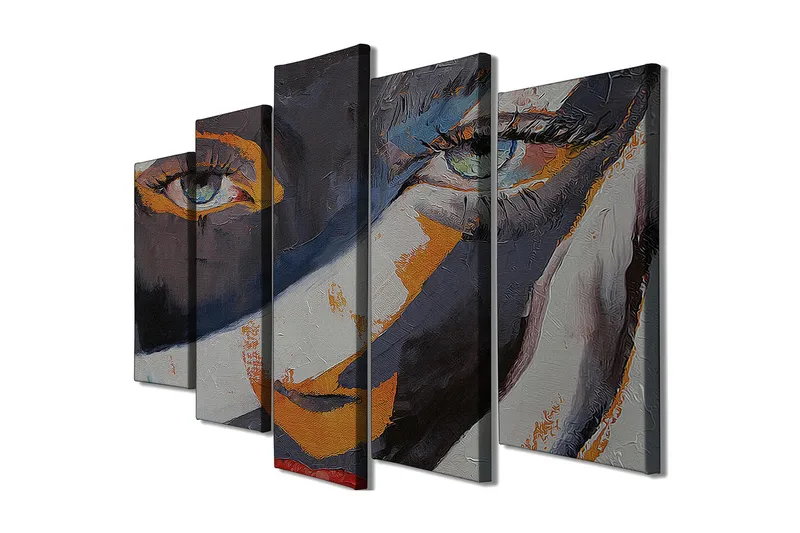 Stort lærredstryk i 5 dele 105x70 cm - Portræt af en kvinde med udtryksfulde øjne - Mørkeblå / Orange / Grå - Boligtilbehør - Billeder & kunst - Billeder på lærred